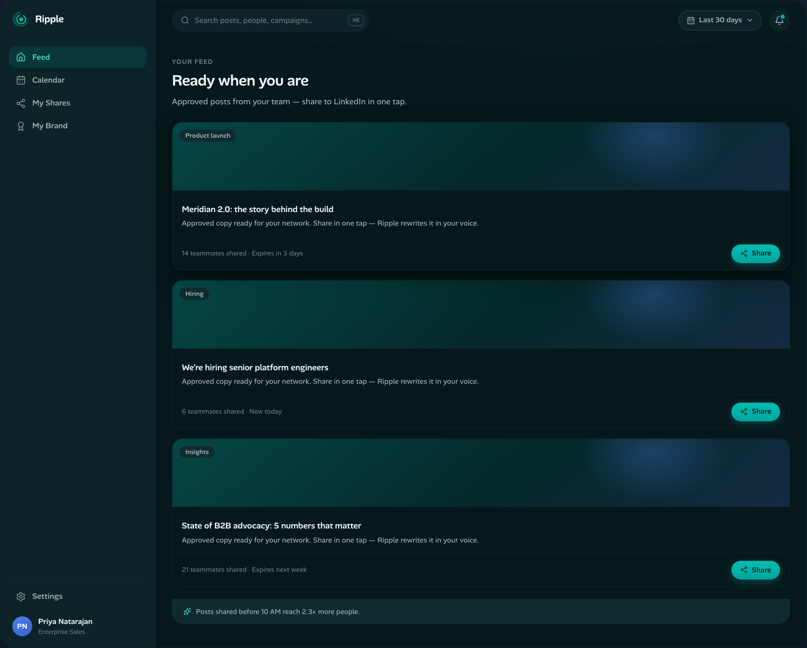 Ripple advocate feed with approved LinkedIn posts ready to share