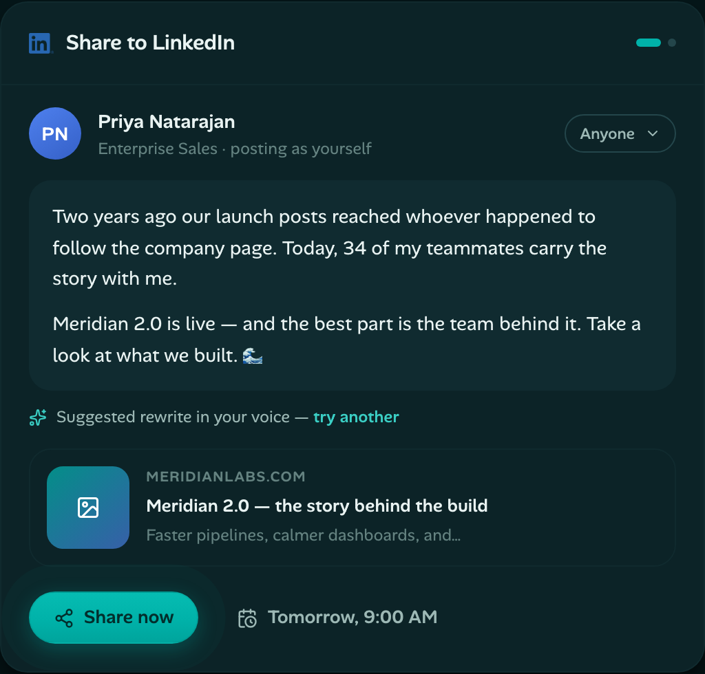 Ripple share to LinkedIn composer with voice rewrite and scheduling