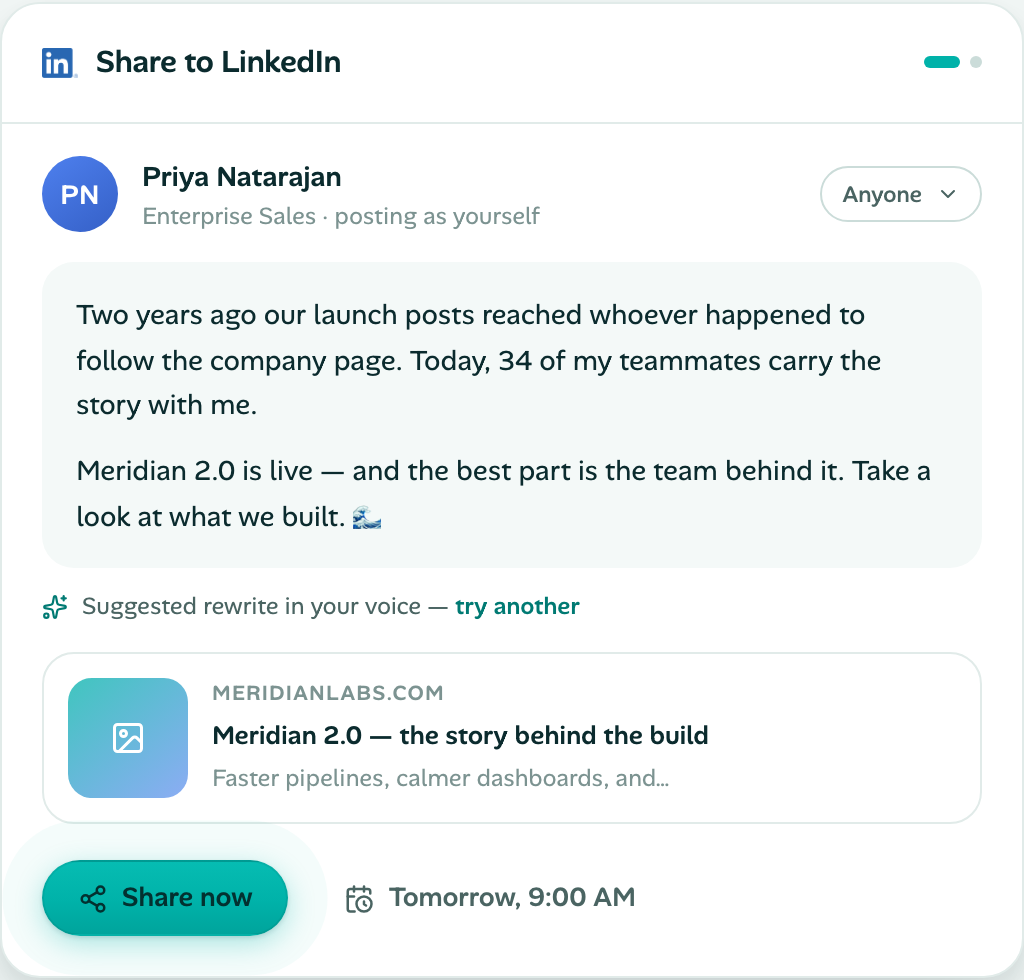 Ripple share to LinkedIn composer with voice rewrite and scheduling
